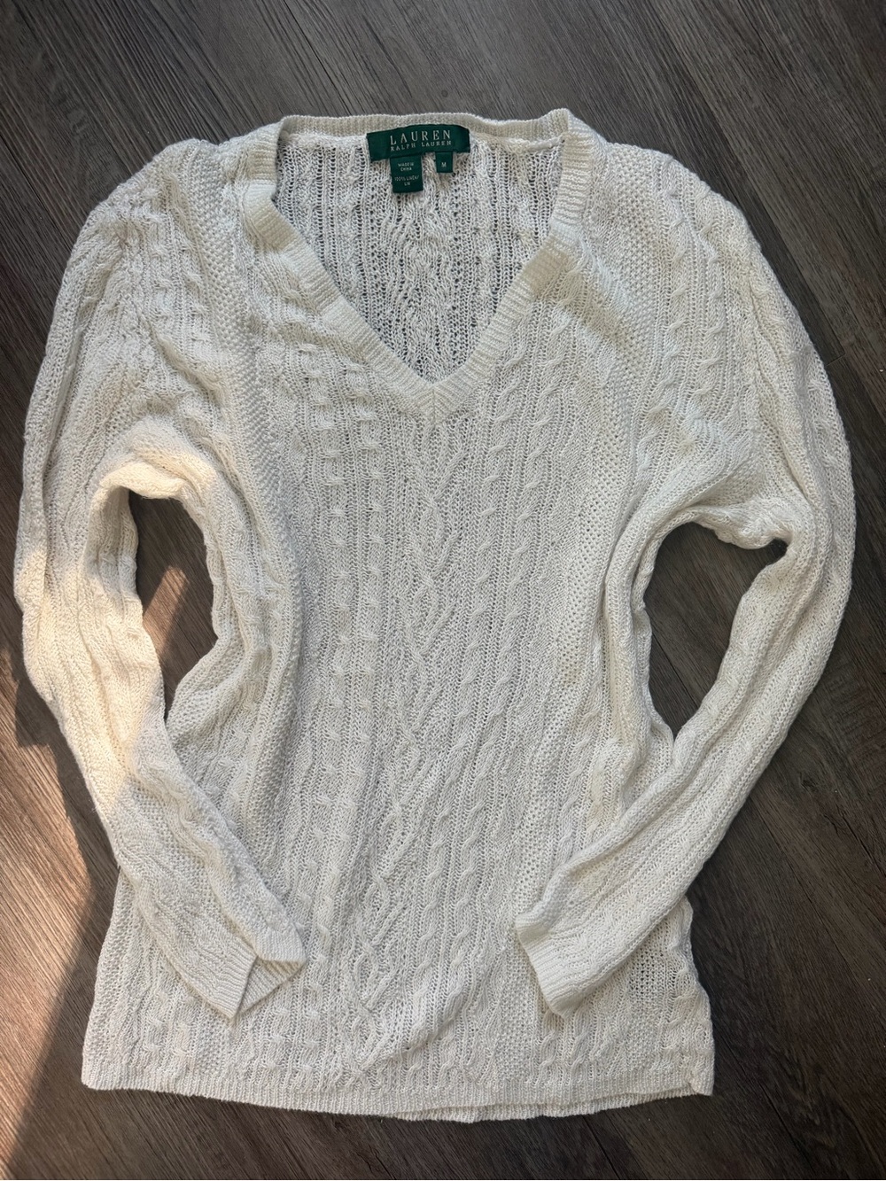 Ralph Lauren Cream Cable-Knit V-Neck Sweater